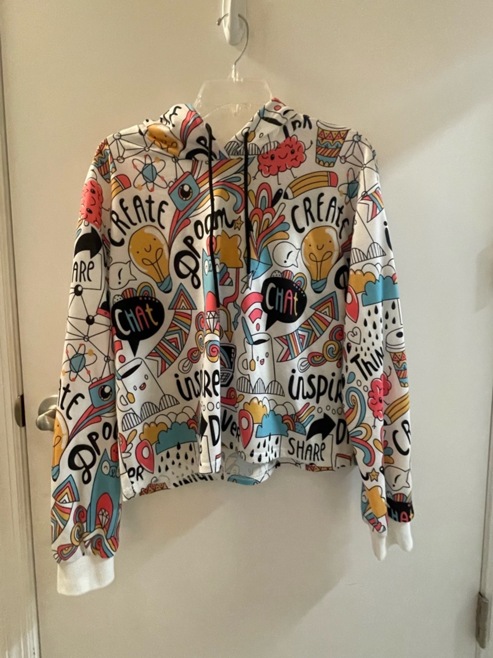Graphic Doodle Zip Hoodie in White with Multicolor Print